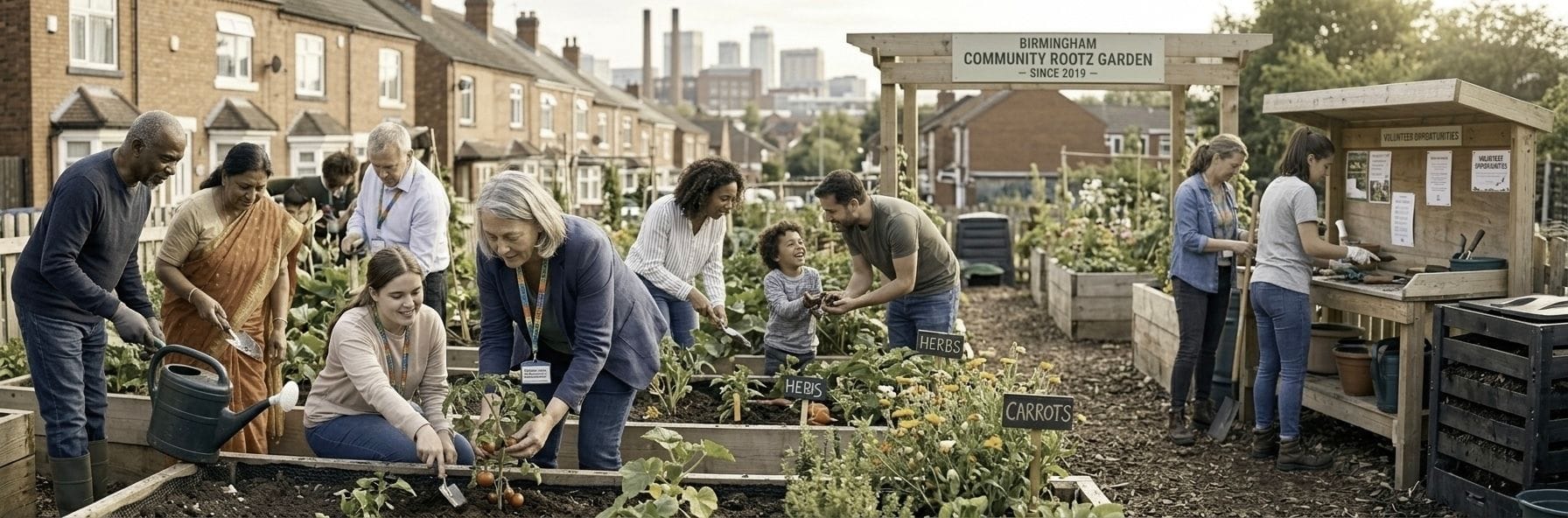 Background image of a community garden project, representing the focus of this page on operating entities like charities and social enterprises, and the positive social impact they create
