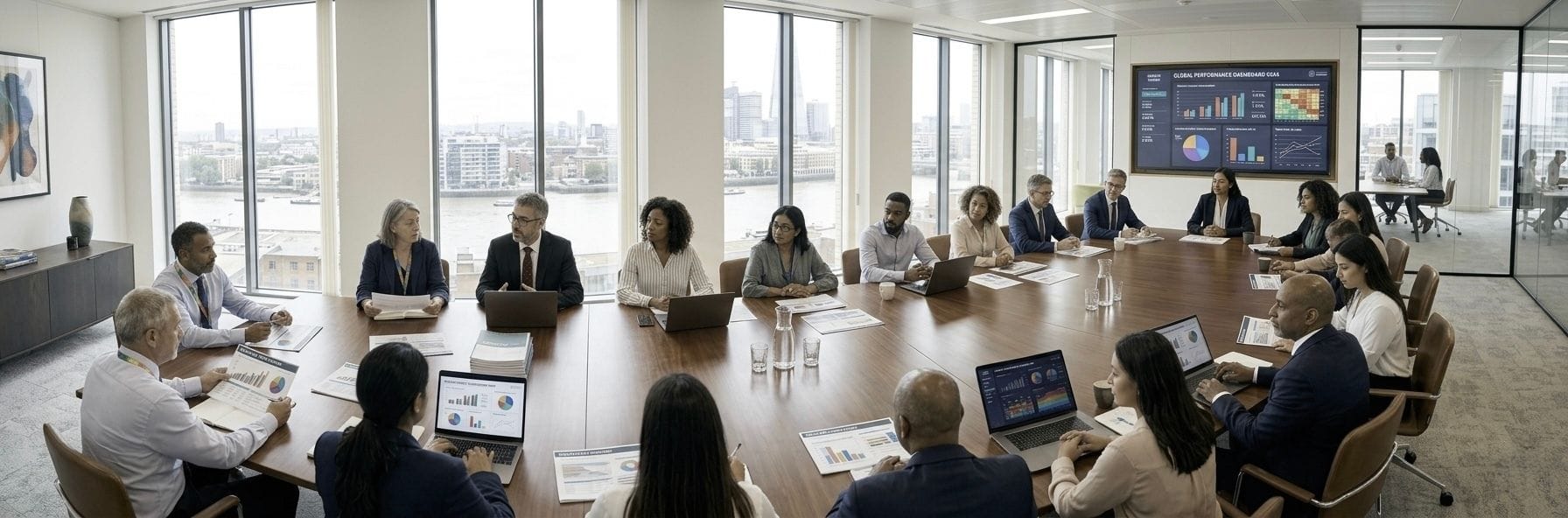 Background image of a boardroom meeting with documents and charts visible, representing the investor focus of this page and the financial analysis aspect of I For Change's work
